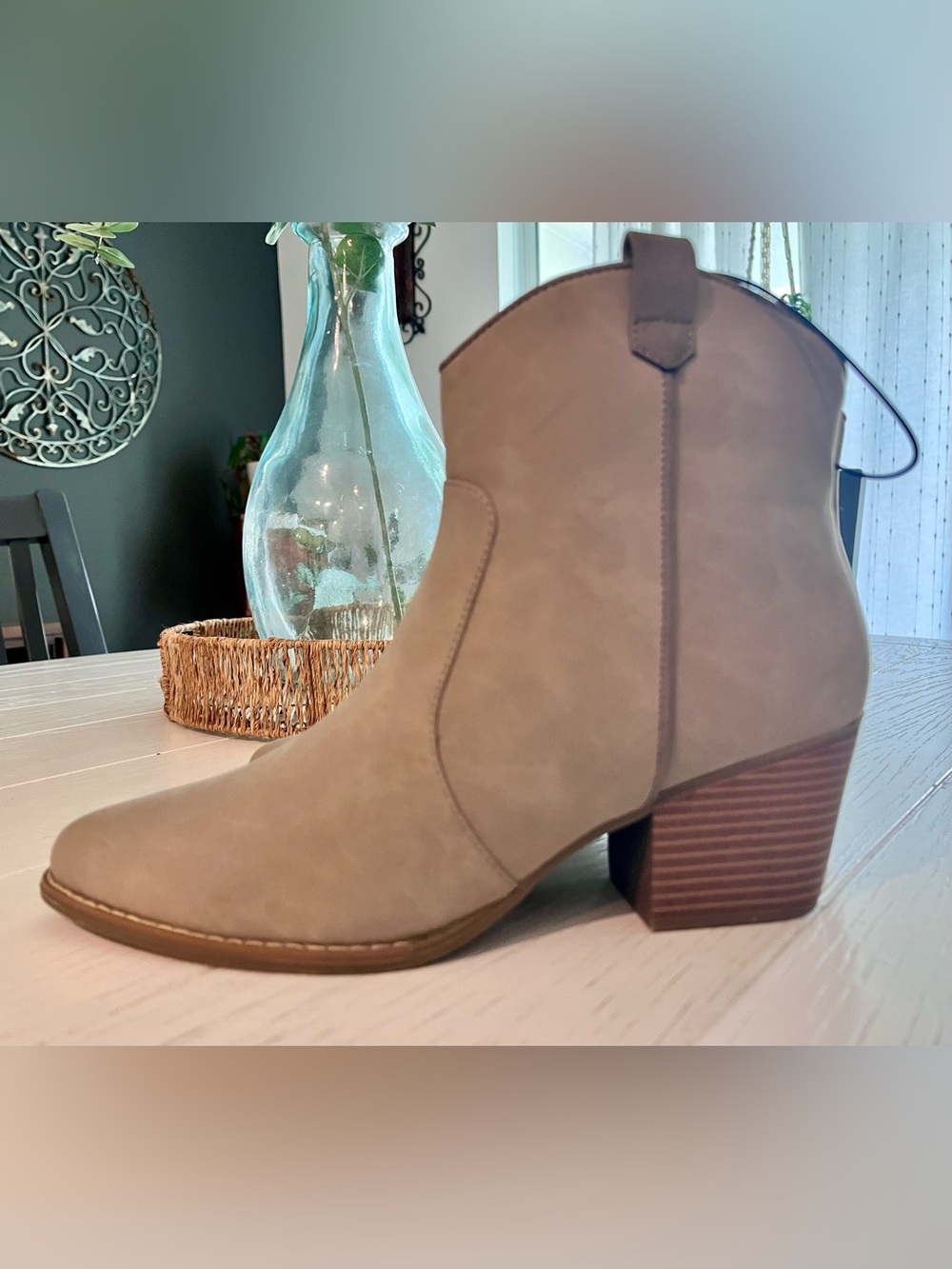 Ana Taupe Suede-Look Ankle Bootie with Stacked Heel